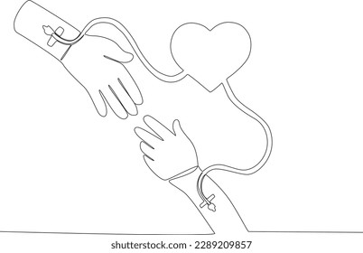Two hands are donating blood. World blood donor day one-line drawing