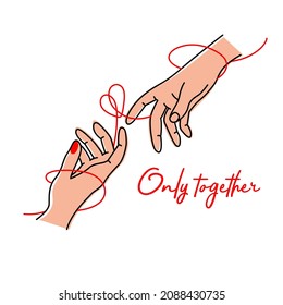 Two hands, drawn in black contour lines  with inscription on a white background. Vector illustration for festive greeting card, postcard, banner.