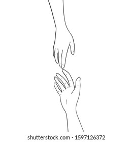 Two hands are drawn to each other. Outline hands isolated on white background. Vector illustration