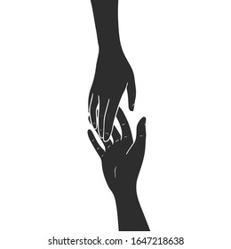 Two hands are drawn to each other. Hands touch. Black silhouettes isolated on white background. Vector illustration