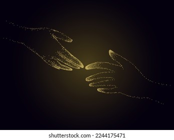 Two hands are drawn to each other. Glowing warm silhouettes on a dark background. Vector illustration