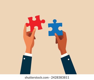 Two hands dressed in business attire are poised to connect two puzzle pieces, suggesting collaboration, problem-solving, or the coming together of ideas. Vector Illustration.