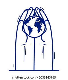 Two hands with earth icon protecting and showing care vector flat style illustration isolated on white, cherish and defense for ecology concept, environment eco protection.