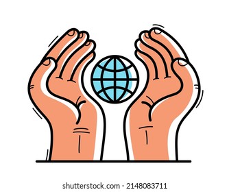 Two hands with earth icon protecting and showing care vector flat style illustration isolated on white, cherish and defense for ecology concept, environment eco protection.