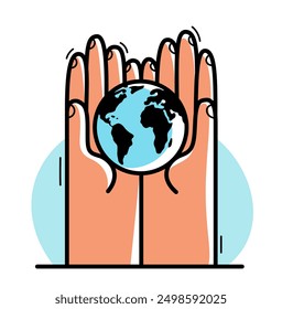 Dos manos con el icono de la tierra que protege y que muestra la ilustración plana del estilo del Vector del cuidado aislada en blanco, aprecian y defienden para el concepto de la ecología, protección del medio ambiente del eco.