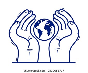 Two hands with earth icon protecting and showing care vector flat style illustration isolated on white, cherish and defense for ecology concept, environment eco protection.