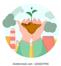 Two hands with earth and a plant against the backdrop of a factory due to environmental pollution