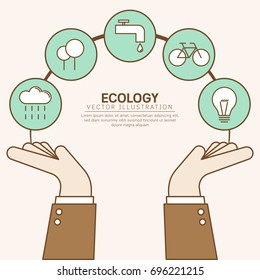 Two hands with ecology circle icons concept.