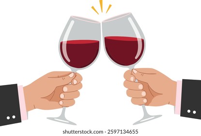 Two hands elegantly clink crystal wine glasses filled with red wine, symbolizing celebration and camaraderie in a vibrant and cheerful atmosphere.