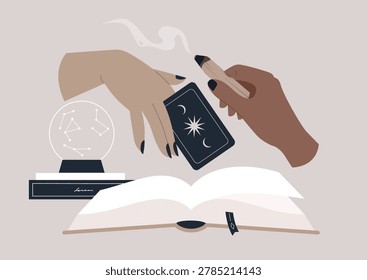Two hands engage in a spiritual practice involving Palo Santo, tarot cards, and a glowing crystal ball, all set against a serene background filled with mystical symbols
