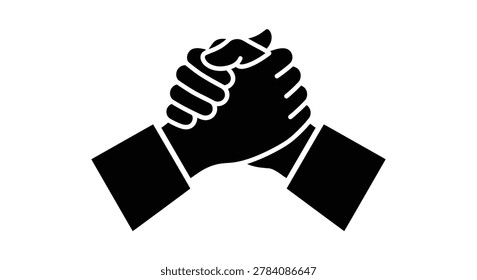 Two hands engaged in an arm wrestling match black silhouette on a white background