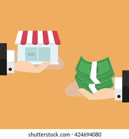 Two hands exchange between money and shop.