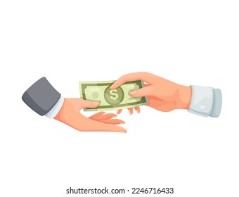 Zwei Hände tauschen Dollar-Banknote, Vektorgrafik. Cartoon-Geschäftsleute übergeben Bargeldrechnungen, um Geld zu bezahlen, zu geben und zu wechseln, Bankdarlehen oder Gehaltszahlungen, Einlagenerträge oder Spenden