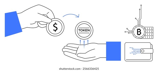 Two hands exchange a dollar coin for a token referring to cryptocurrency. Connected bitcoin symbol and digital wallet also appear. Ideal for financial education, blockchain info, cryptocurrency use