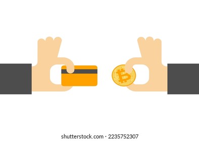 Se intercambiaron dos manos. Cambio de dinero por criptodivisa. Canje de efectivo por dinero electrónico. Ilustración del intercambiador