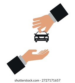 Dos manos intercambiando un ícono de automóvil que representa una transacción comercial o un Acuerdo entre partes