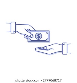 Two hands exchanging a dollar bill, symbolizing financial transaction, payment, or bribery in a simple line drawing.