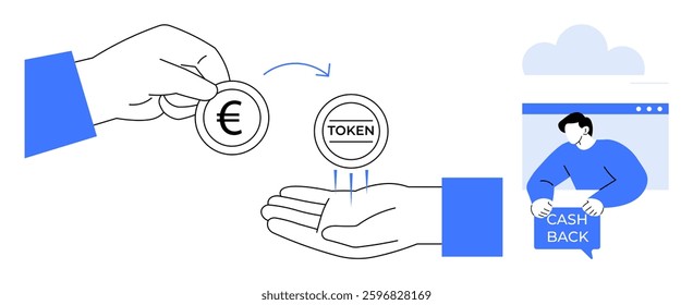 Two hands exchanging a Euro coin and a token with an arrow indicating a transfer action. A person receiving cashback is depicted in the background. Ideal for fintech innovations, digital currency
