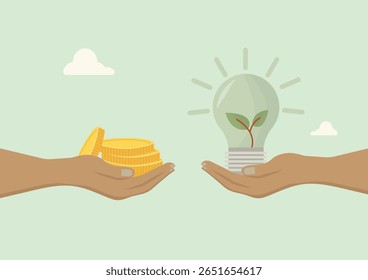 Two hands exchanging gold coins for eco-friendly light bulb with plant, symbolizing investment in renewable energy and sustainable technology solutions. Flat style. Vector illustration