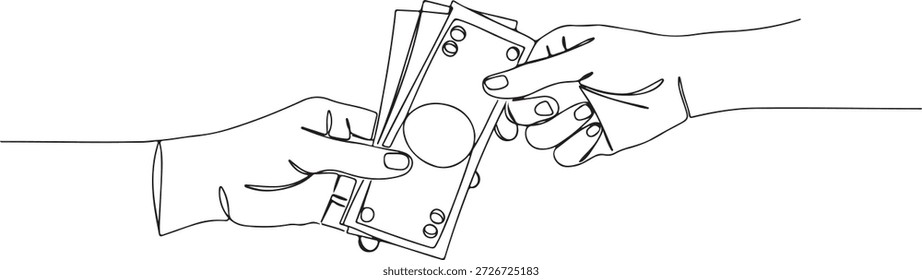 Dos manos intercambiando dinero, dinero minimalista elegante y arte materialista, estilo de línea continua.
