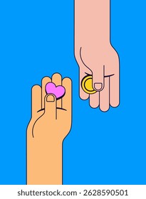 Two hands exchanging a pink heart and yellow coin cartoon vector hand drawn illustration symbolizing love, value, and giving for charity, donation