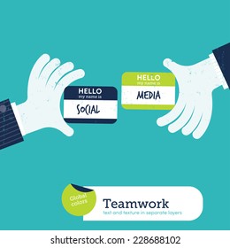 Two hands exchanging visit cards with my name card is social media. Vector illustration Eps10 file. Global colors. Text and Texture in separate layers.