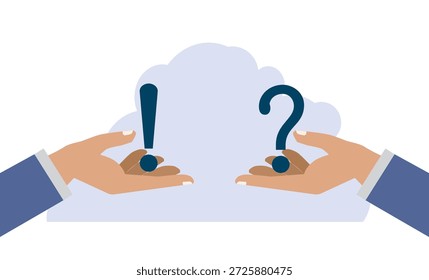 Dos manos con exclamación y signo de interrogación. Ayuda con la Asistencia y resolución de problemas.