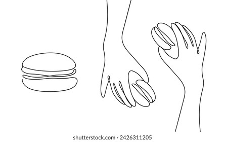 Two hands extend macarons to each other. Delicious treat. Vector illustration. National Macaron Day. Images produced without the use of any form of AI software at any stage. 