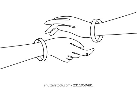 Two hands are extended to each other. White bracelet on the wrist. Control bracelet. One line drawing for different uses. Vector illustration.