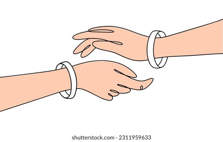 Two hands are extended towards each other. The white bracelet on the wrist is a symbol of the fight against poverty. International Day for the Eradication of Poverty. Color vector illustration.