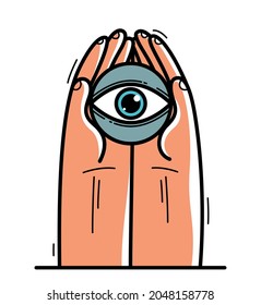 Two hands with eye icon protecting and showing care vector flat style illustration isolated on white, cherish and defense for ophthalmology and eyesight concept.