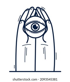 Two hands with eye icon protecting and showing care vector flat style illustration isolated on white, cherish and defense for ophthalmology and eyesight concept.