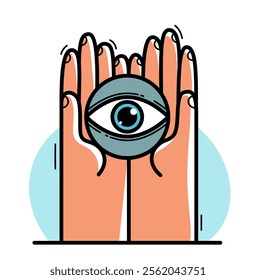 Two hands with eye icon protecting and showing care vector flat style illustration isolated on white, cherish and defense for ophthalmology and eyesight concept.