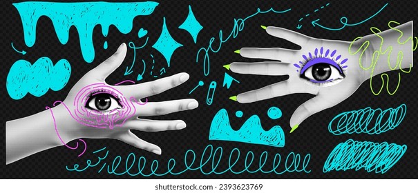 Two hands with an eye on them. Isolated collage element on transparent black background. Psychedelic pop art style with bright acid blue doodles . Vector trendy vector illustration in halftone effect 