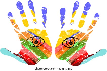 two hands with eyes, vector illustration