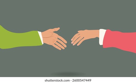 Two hands, female and male reaching out to each other for business cooperation and business deal vector illustration design background