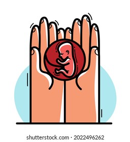 Dos manos con embrión de feto protegiendo y mostrando el cuidado vectorial ilustración de estilo plano aislado en blanco, carismático y defensa para niños no nacidos y concepto de embarazo.
