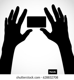 Two hands with fingers spread out and card. Vector silhouettes. Element for your design.