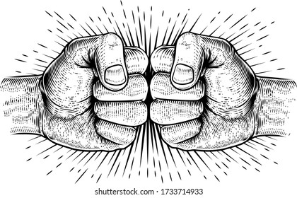 Two hands fist bump punch fists in a vintage woodcut style