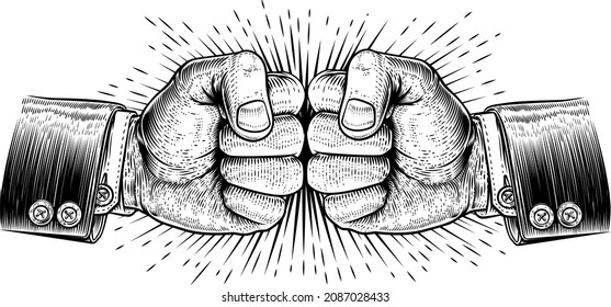 Two hands in fists in business suits punching each other or fist bumping. In a vintage retro propaganda woodcut style