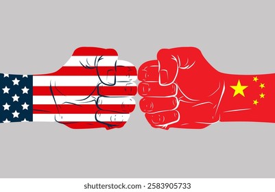 Two hands fists facing each other with the flags of the United States and China. Political, economic military confrontation of two countries governments conflict depicting dialogue vector illustration