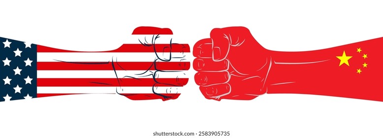 Two hands fists facing each other with the flags of the United States and China. Political, economic military confrontation of two countries governments conflict depicting dialogue vector illustration