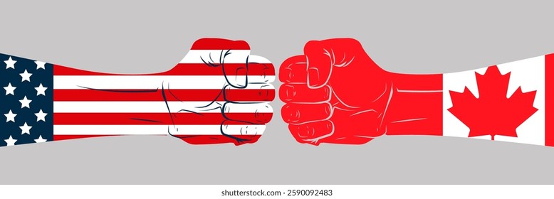 Two hands fists facing each other with the flags of the United States and Canada. Political, economic military confrontation of two countries governments conflict depicting dialogue vector illustratio