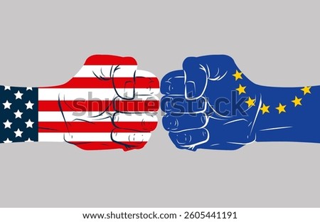 Two hands fists facing each other with the flags of the United States and Europe. Political, economic military confrontation of two countries governments conflict depicting dialogue vector illustratio