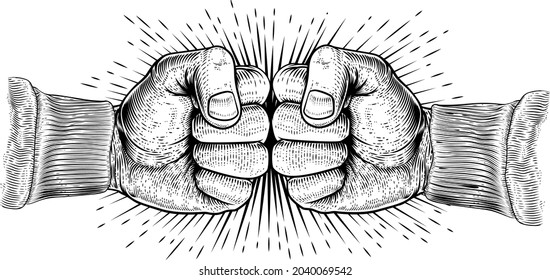 Two hands in fists punching each other or fist bumping. In a vintage retro propaganda woodcut style
