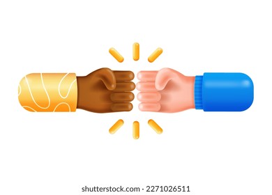 Two hands fists punching each other. Cartoon characters hands fist gesture. Business icon. Strength or protest clip art isolated on white background. Fight for you rights. 3D Vector Illustration