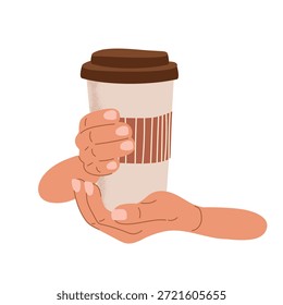 Dos manos en estilo plano están sosteniendo un vaso de café para llevar. Vidrio de cartón con bebida caliente en las manos aisladas en blanco. Idea de un descanso para el café. Ilustración para tiendas, cafés, comercio callejero, menú