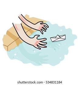 two hands floating a paper boat in the pool.