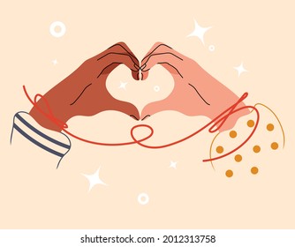 Dos manos dobladas en forma de corazón. La mano multinacional de la pareja se toca entre sí. El concepto de amor o amistad entre pueblos de diferentes razas. Cadena roja de destino, destino de fe. Ilustración del vector