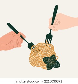 Zwei Hände mit Gabeln verkosten Spaghetti mit Basilikum. Lebensmittelstrukturierte Zusammensetzung. Vektorgrafik.